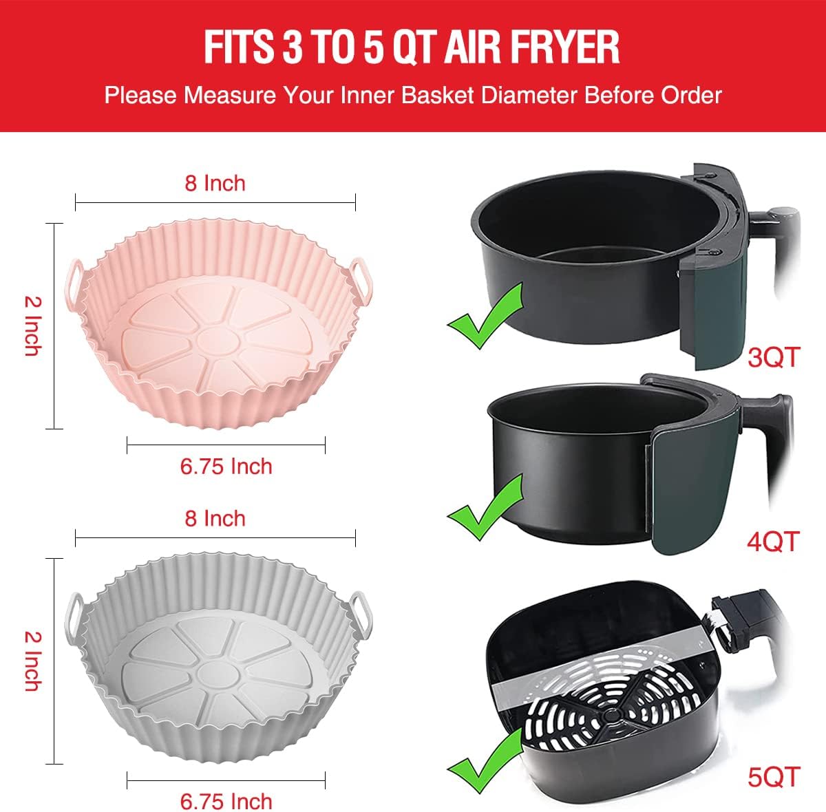 2-Pack Air Fryer Silicone Liners | Non-Stick Reusable Pots for 3 to 5 QT Air Fryers