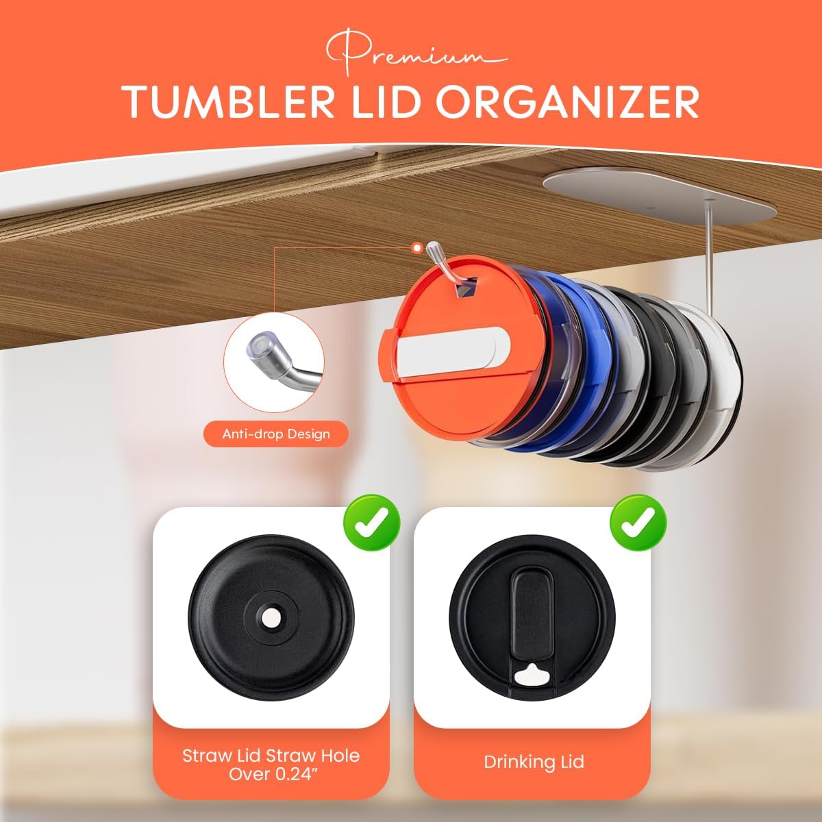 Tumbler Lid Organizer, Space Saving Under Cabinet Cup Lid Organizer