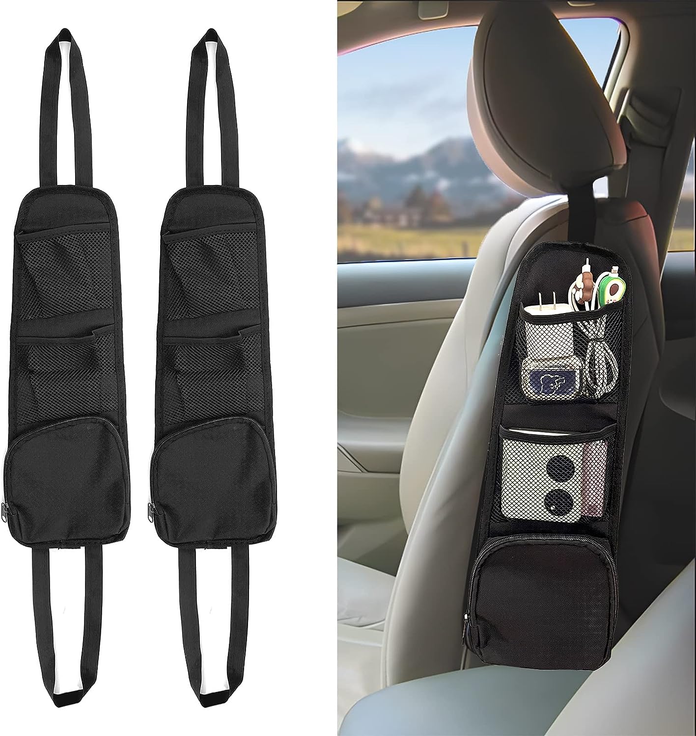 2PCS Car Seat Storage Hanging Bag | Multi-Pocket Side Organizer with Mesh Net for Cars | Convenient Travel Accessory